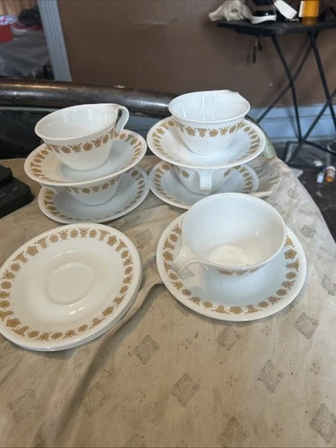 (Set of 5Vintage Corelle Butterfly Gold Coffee Tea Cups and Saucers +extra Sauce