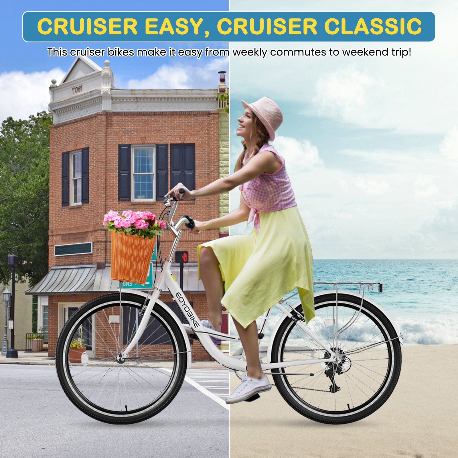 H&ZT 24 / 26 Inch Cruiser Bike for Women 7 Speed Step-Through Bicycle w/ Basket