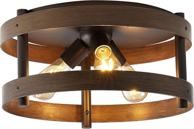 16'' Dark Brown Wood and Oil Rubbed Bronze 3-Light Iron Flush Mount, Farmhouse In