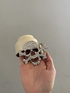 Ceinture en cuir années 1990 SKULL SWAROVSKI RARE Y2K ARCHIVE DÉLAVÉE