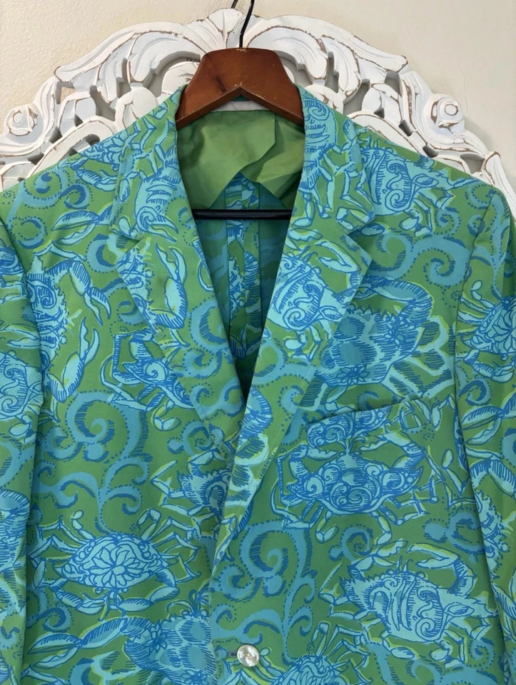 Винтажное мужское спортивное пальто блейзер Lilly Pulitzer с принтом в виде зеленого краба 40? Б/у в отличном состоянии - Изображение 2 из 4
