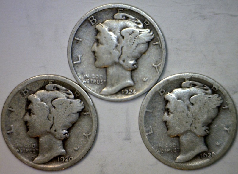 1920 , 1920d & 1924 Mercury Dime Coins Nice 90% SILVER 3 Coin LOT    NR
