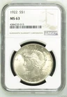 1922 Peace Dollar NGC Certified MS63