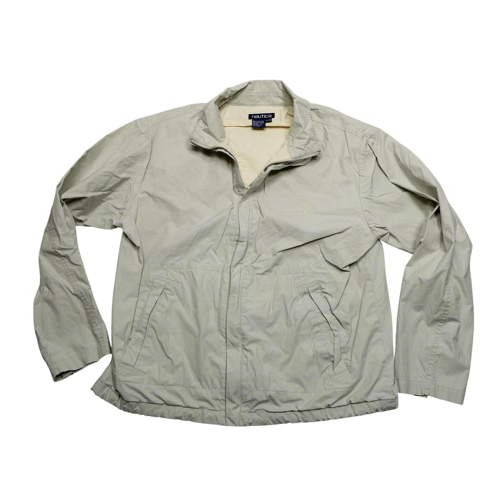 Nautica Jacket Mens XL Beige Cotton Windbreaker Full Zip Lined Pockets Logo