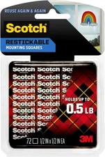3M Scotch Restickable Double-Sided Clear Adhesive Mounting Squares 0.5"x0.5" Ea