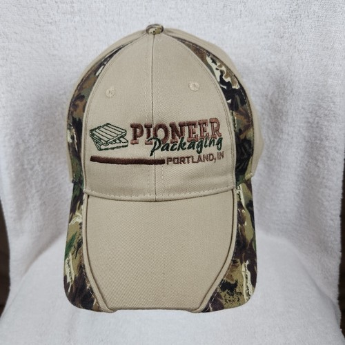 Pioneer Packaging Portland IN Hat Cap Strapback Tan Camo Stripes SpellOut Logo