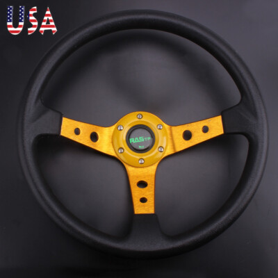 350mm Universal 14'' 6 Bolt Racing Car Steering Wheel Horn Button 95mm Deep Dish 