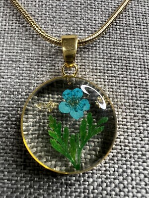 Mint & Lilly Pressed Birth Flower March Forget Me Not Necklace 18k GP