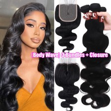 9A Brazilian Virgin Human Hair Bundles Closure 4 4 Lace Closure Pre Plucked Weft