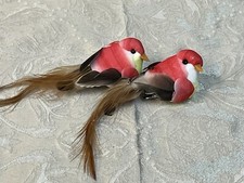 RED WHITE FEATHERED BIRDS CLIP CRAFT DECORATION WEDDING CHRISTMAS SET OF 2