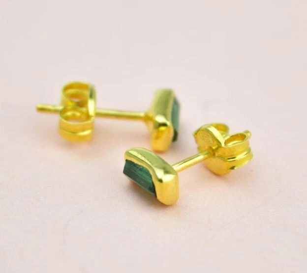 Green Raw Tourmaline Natural Gemstone Gold Plated 925 Sterling Silver Earring - Image 4 of 4