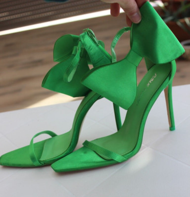 Public Desire Zeal oversized Soft satin bow heel sandals in bright neon green