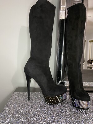 NEW LA PERLA BLACK SUEDE CRYSTALS PLATFORM BOOTS SZ 37