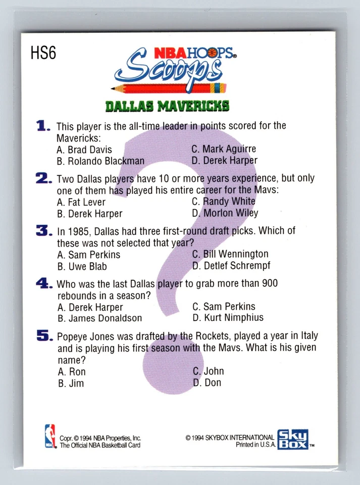 1993-94 NBA Hoops - Scoops Derek Harper #HS6 - Image 2 of 2