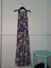 Vintage Princess Kaiulani 90's Hawaiian Maxi Dress Sz 2 XS Blue Aloha Rayon