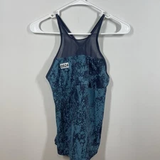 Nike‎ Tankini Top Womens S Graffiti V-Back Swim Suit Aqua Blue Sheer High Neck