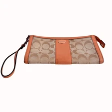 Coach Signature Canvas Leather Wristlet Wallet In Beige Peach Orange Read