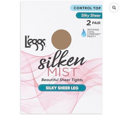 SIZE B NUDE L'EGGS SILKEN MIST SILKY SHEER LEG CONTROL TOP SHEER TOE TIGHTS 2PK
