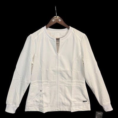 NWT Greys Anatomy Barco White Spandex Stretch Zip Warmup Scrub Jacket GRSW017 S