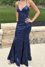 Saskia Lace-Up Mermaid Sequin Satin Navy Blue Formal Dress BRAND NEW