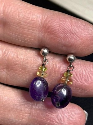 B5940 Vintage Sterling Silver Amethyst Peridot Beaded Dangle Earrings 1'' drop