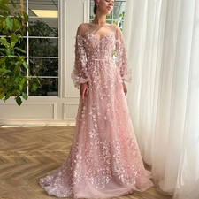 Pink Evening Dress Puff Sleeves Sheer O Neck Cubic Floral A Line Floor Length