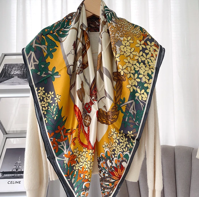 100% Silk Mulberry Scarf ear Print Neckerchief Shawl Bandana 106X106cm Wrap new