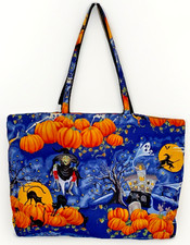 Halloween Fabric Tote Bag Trick or Treat Pumpkins Witches Haunted House Cats