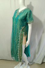 Vintage Party Wear Teal Green Gold Embroidered High Slit Kurti Tunic 38 Bust