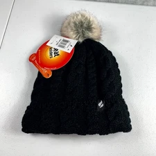 Heat Holders Heatweaver Thermal Beanie Hat Womens Black Cable Knit Fur Pom Pom