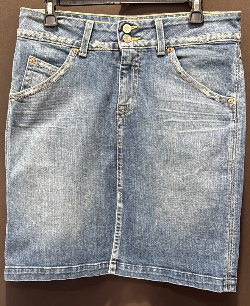 Hudson Women's Blue Denim Pencil Skirt w/Distressed Details Made In USA Size 32”