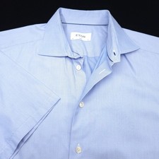 Eton Button SHORT SLEEVE Shirt -17 Slim Warwick Light Blue White Dot Microprint