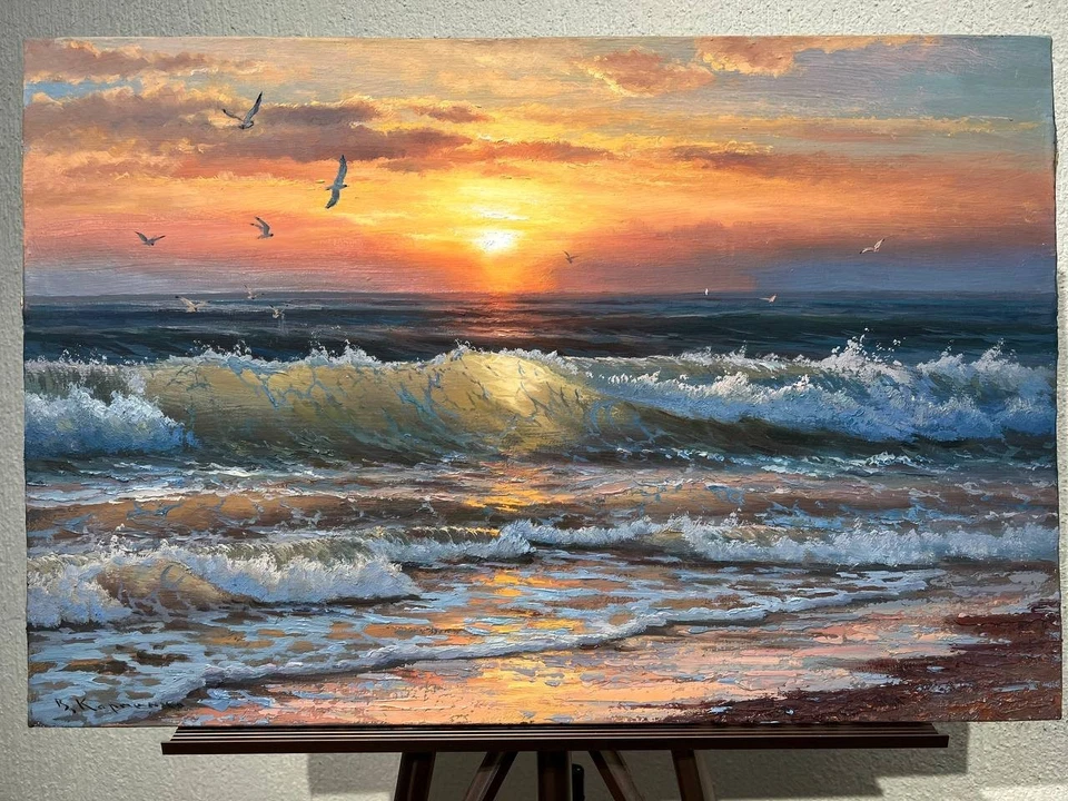 Sonnenuntergang Realismus Wellen Ölgemälde Gemälde Handarbeit Unikat 40x60cm - Bild 2 von 4