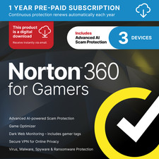 Norton 360 for Gamers  3 Devices  Digital Download Code sent by Email