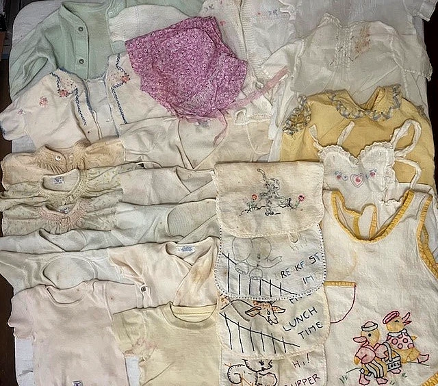 Vintage 1950's Baby Girl Clothes Tops Sweaters Bonnet & Bibs Cotton Carters