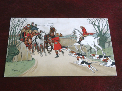 ORIGINAL HARRY ELIOTT SIGNIERTE JUGENDSTIL POSTKARTE, POSTKUTSCHE & HUNDE M. & BUCH