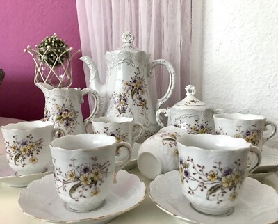 Antik Jugendstil Porzellan Kaffeeservice Kaffee Service für 6 Personen Relief