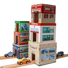 6 Wooden Stacking City Buildings - Nesting Community Helpers Building Boxes