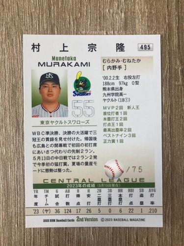 2023 BBMthe Fierce Hitting Award Munetaka Murakami Yakult Swallows Auto/75 #495 - Picture 20 of 24