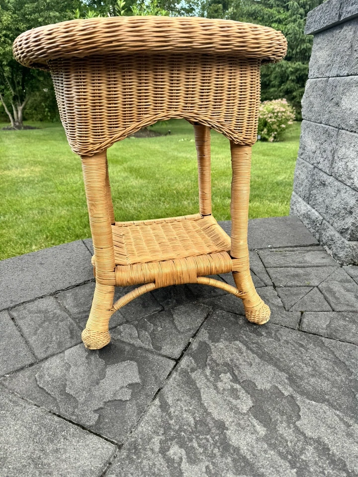 Vintage Wicker Round End Table Accent Side Plant Table Stand Two Tier H23xD21” - Image 3 of 4