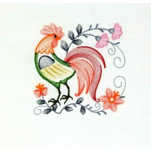 Kitchen Flour Sack Dish Towel Multi-Color Rooster & Floral Machine Embroidered - Afbeelding 1 van 7
