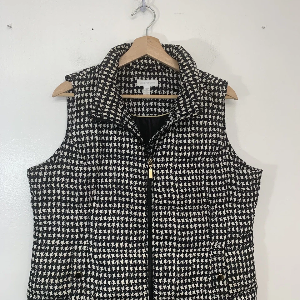 Chaleco acolchado Charter Club mujer grande cremallera completa negro pata de gallo bolsillos empaquetable Foto 3 de 4