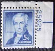 US 5¢ Stamp SC #1038 JAMES MONROE MH 1954 with plate number.