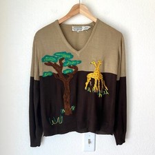 VINTAGE sweater / 70s Brown Giraffe Safari Novelty Sweater / Size M