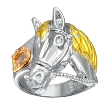 Men's Sterling Silver Three Toned Horse Head Ring w/ Cubic Zirconia Stones