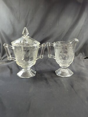 3 Pc Vintage Jeanette Glass Baltimore Pear Creamer and Sugar Bowl W Lid Set Rare