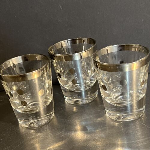 Mid Century Barware Shot Glasses Set 3 Silver Polka Dot Made USA Modern Decor - Picture 1 of 3
