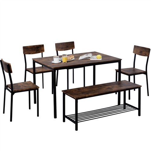 6Pc Kitchen Dining Table Chair and Bench Set Wooden Steel Frame Industrial Style - Picture 7 of 16