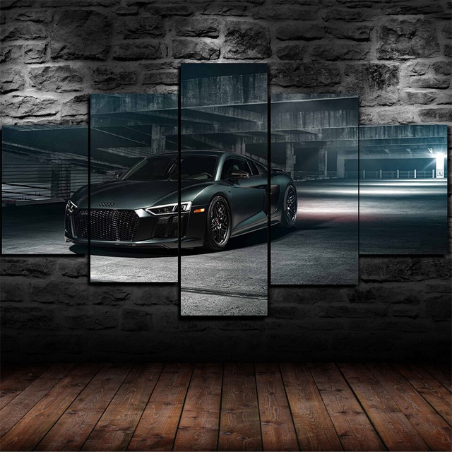 Framed Audi R8 V10 Black Super Car Poster 5 Piece Canvas Print Wall Art