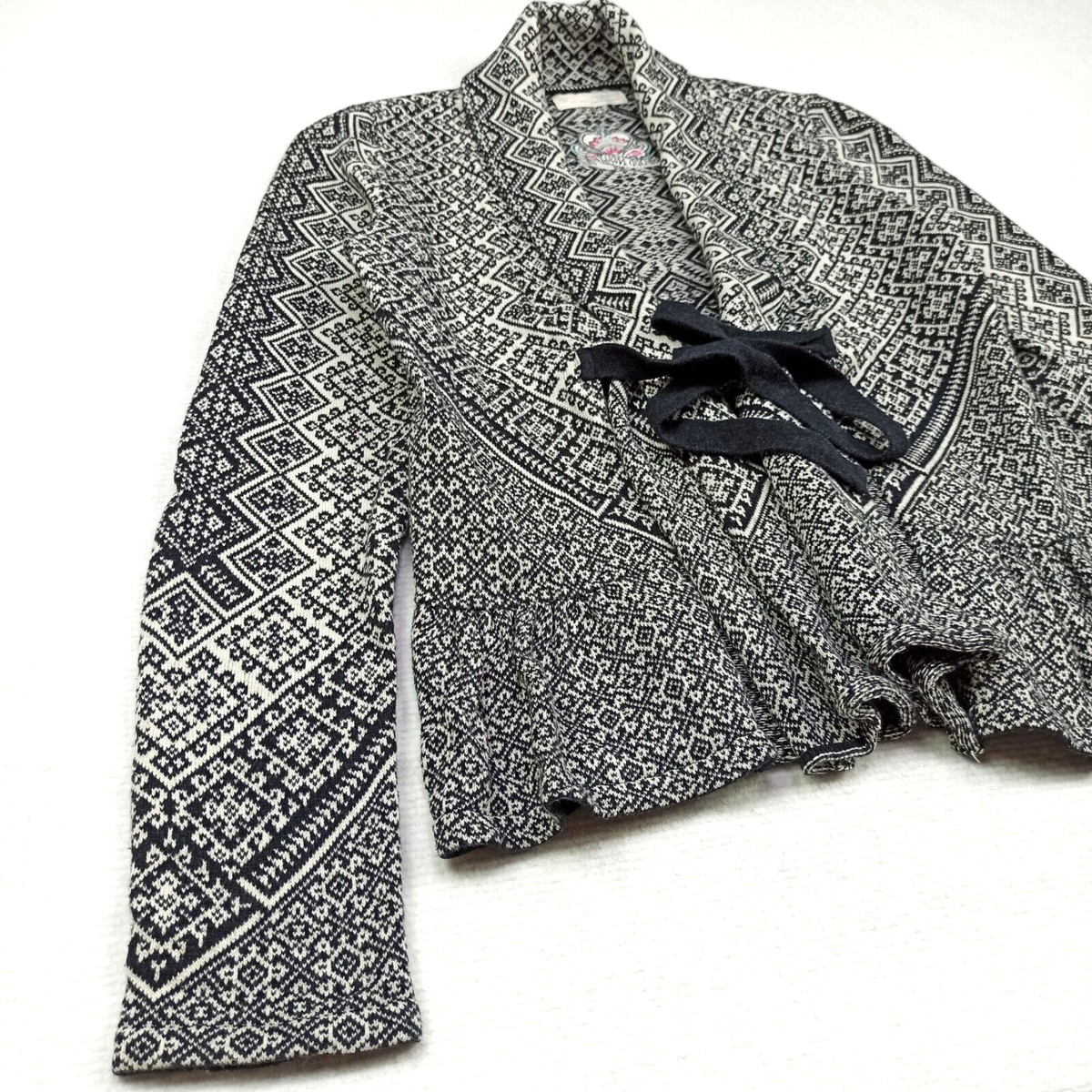 Odd Molly Cardigan S Black White Cotton Knit Tie Shawl Sweater 654 Small